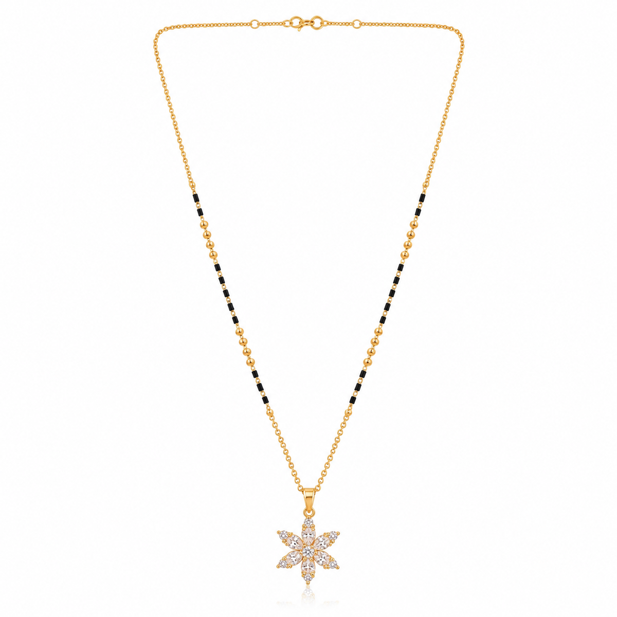 KZ Gold Plated Marquise Starburst CZ Mangalsutra for Women Black Bead Chain Flower Star Pendant FS