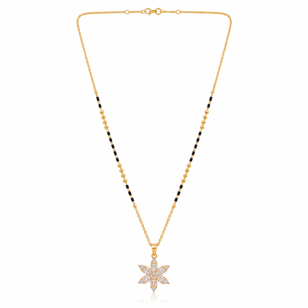 KZ Gold Plated Marquise Starburst CZ Mangalsutra for Women Black Bead Chain Flower Star Pendant FS
