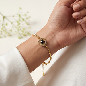 Gold Plated Bamboo Bar Link Bracelet with Rhombus Black Stone Halo Centrepiece and Lobster Clasp