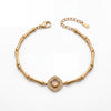 Gold Plated Bamboo Bar Link Bracelet with Rhombus Pink Stone Halo Centrepiece and Lobster Clasp