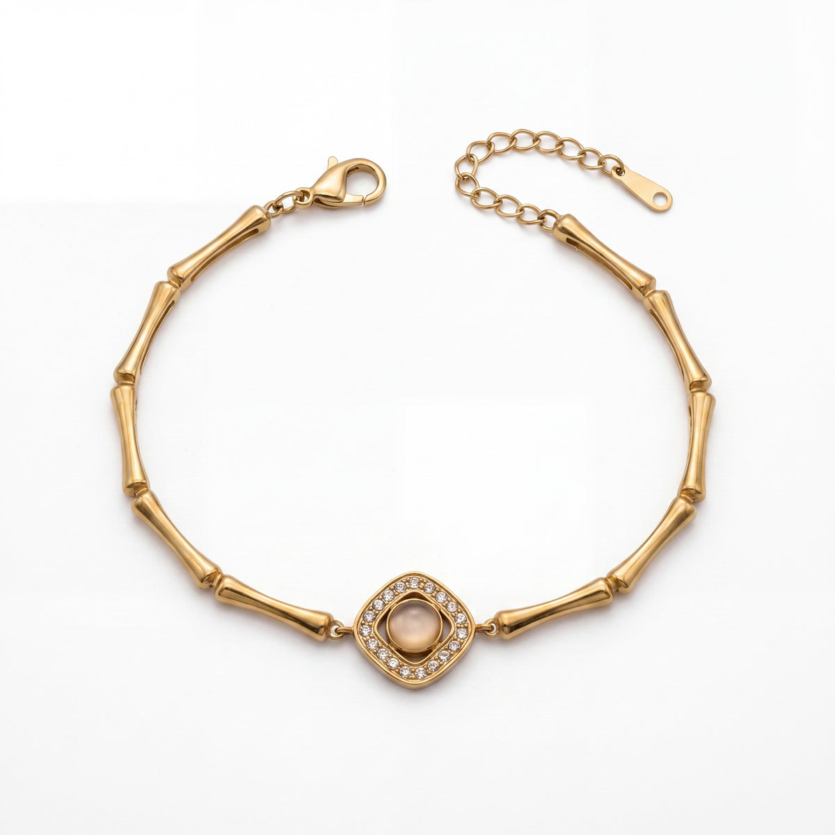 Gold Plated Bamboo Bar Link Bracelet with Rhombus Pink Stone Halo Centrepiece and Lobster Clasp