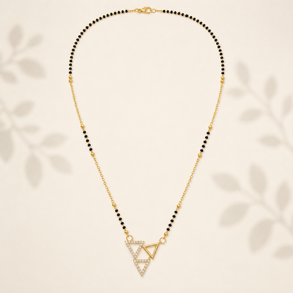 KZ Gold Plated Double Triangle CZ Mangalsutra for Women Black Bead Chain Geometric Pendant FS