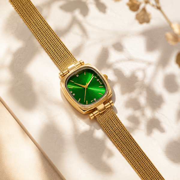 Watches Gold-Tone Square Green Dial Mesh Bracelet Watch for Women