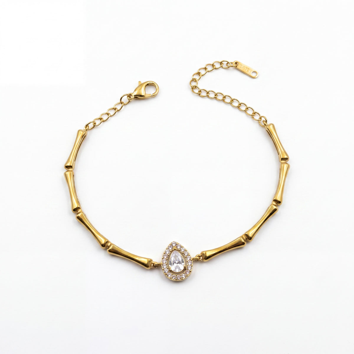 Gold Plated Bamboo Bar Link Bracelet with Side Oval White Stone Halo Accent and Lobster Clasp