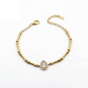 Gold Plated Bamboo Bar Link Bracelet with Side Oval White Stone Halo Accent and Lobster Clasp