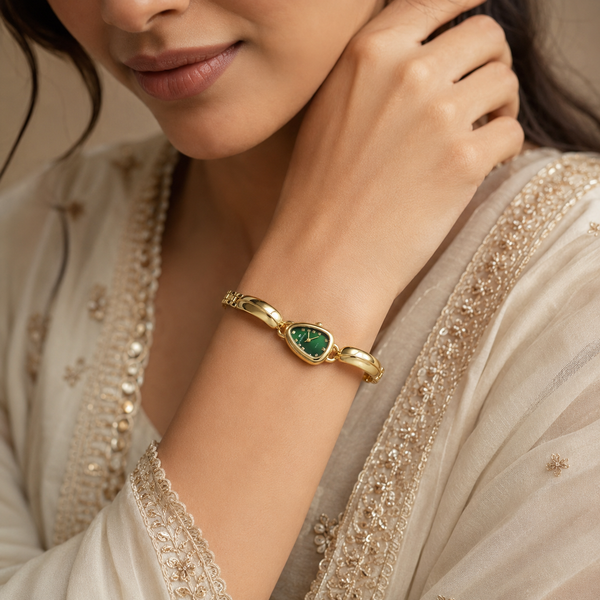 Watches Gold-Tone Pear Shape Dial Green Stone Bracelet Watch for Women