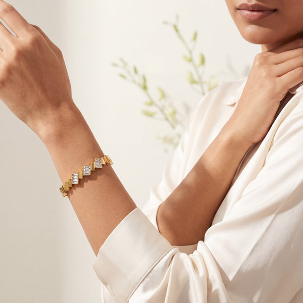 Diagonal Baguette CZ Slim Baby Kada Bangle | Gold Plated Stackable Statement Bracelet for Women