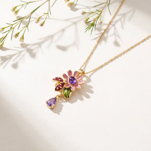 Gold Pink Petal Purple Stone Flower Pendant Chain Anti-Tarnish Necklace