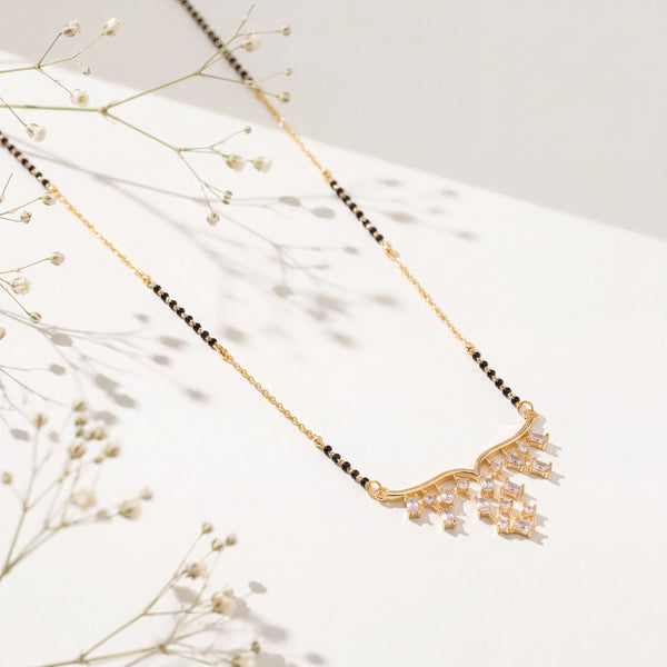 KZ Gold Plated Fringe Multi Drop Mangalsutra for Women Black Bead Chain Tassel Pendant FS