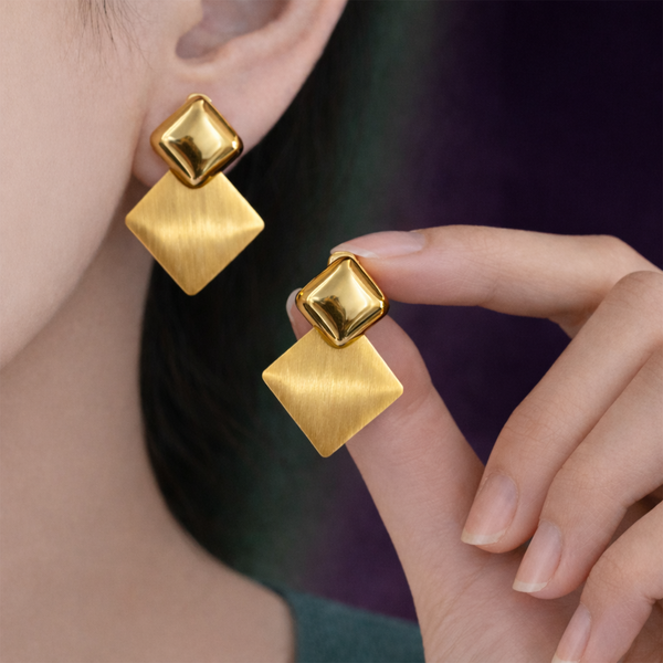 Anti-Tarnish Gold Plated Gold Stud with Gold Square Earrings - 1 Pair