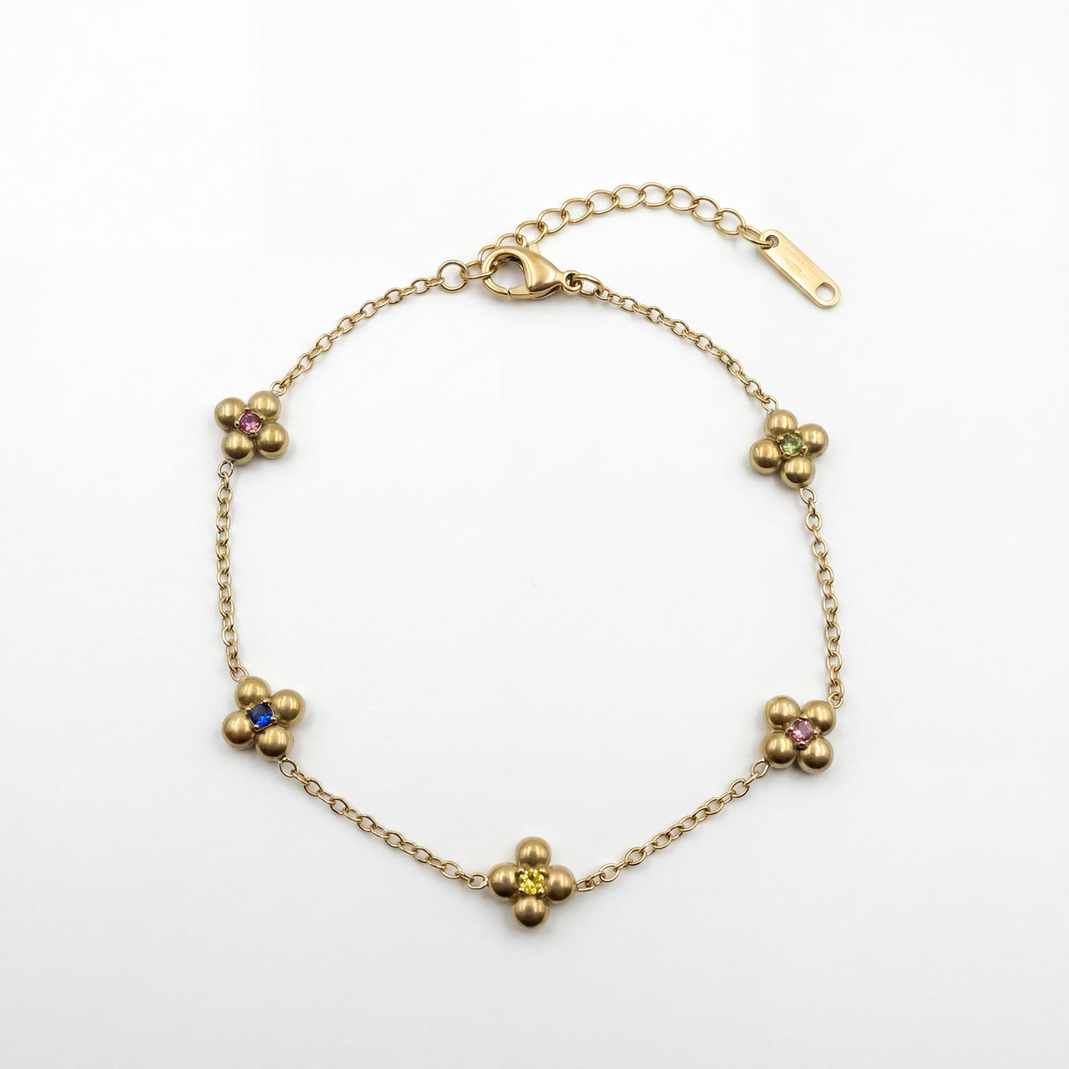 Gold Plated Delicate Chain Bracelet with Floral Cluster Multicolour Stone Stations and Lobster Clasp