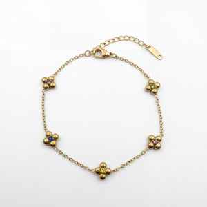 Gold Plated Delicate Chain Bracelet with Floral Cluster Multicolour Stone Stations and Lobster Clasp