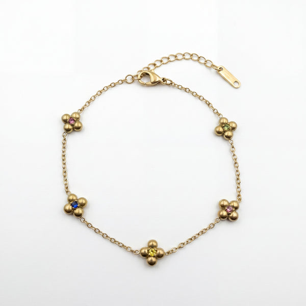 Gold Plated Delicate Chain Bracelet with Floral Cluster Multicolour Stone Stations and Lobster Clasp