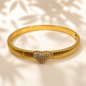 Gold Ribbed Grooved Band Single Heart Diamond Kada for Women | Striated Center Stone Stainless Steel Ladies Bangle | Elegant Festive Jewellery