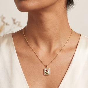 Gold Rectangular Red Enamel Rose Pendant Chain Anti-Tarnish Necklace