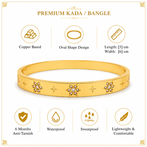 Gold Star Engraved Floral Diamond Cluster Kada for Women | 4-Point Motif Stainless Steel Ladies Bangle | Designer Festive Jewellery