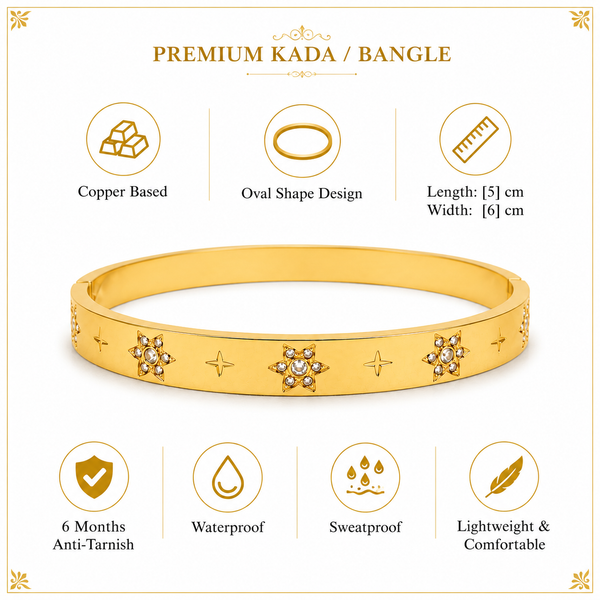 Gold Star Engraved Floral Diamond Cluster Kada for Women | 4-Point Motif Stainless Steel Ladies Bangle | Designer Festive Jewellery