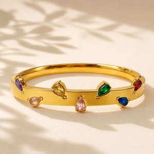 Real Pear Teardrop Multicolor Stone Gold Oval Kada for Women | Prong Set Gemstone Stainless Steel Ladies Bangle | Vibrant Stone Jewellery