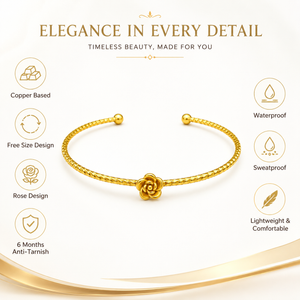 Gold Rose Flower Center Charm Cuff Kada for Women | Beaded Ball End Stainless Steel Ladies Bangle | Floral Festive Wrist Jewellery