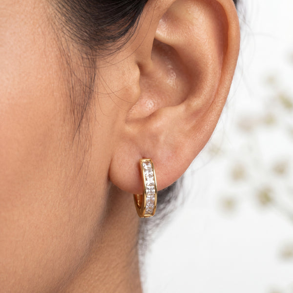 Gold Plated Channel Set CZ Pave Huggie Hoop Earrings
