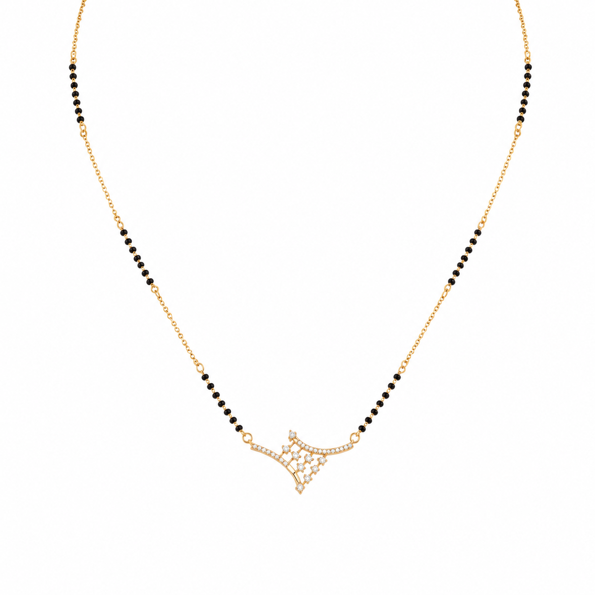 KZ Gold Plated Crown CZ Mangalsutra for Women Black Bead Chain Asymmetric Arrow Pendant FS
