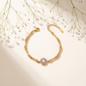 Gold Plated Bamboo Bar Link Bracelet with Round White Stone Halo and Drop Bar Pendant