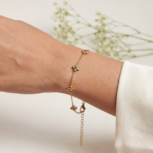 Gold Plated Delicate Chain Bracelet with Floral Cluster Multicolour Stone Stations and Lobster Clasp