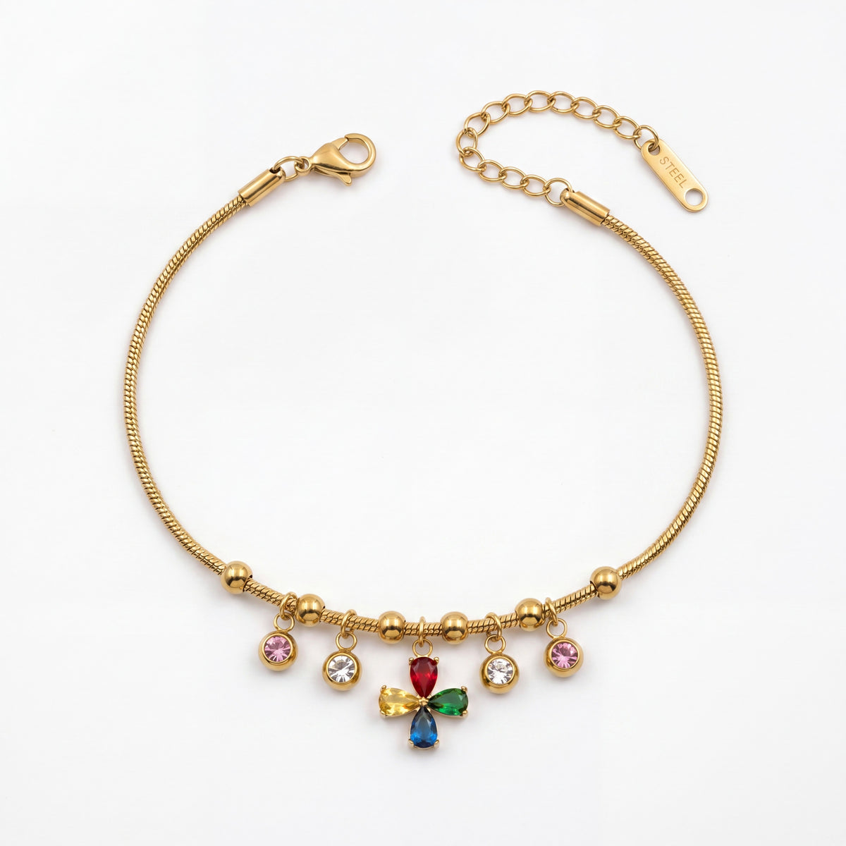 Gold Plated Snake Chain Bracelet with Multi Colour Stone Charm Cluster and Lobster Clasp