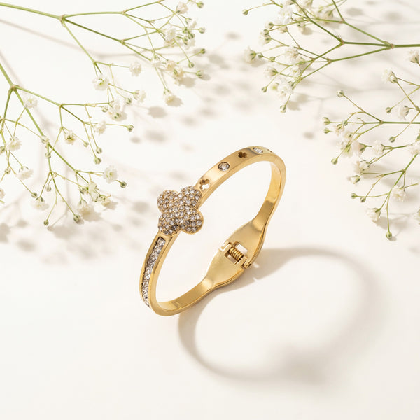 Pave CZ Heart Cluster Centerpiece Baby Kada Bangle | Gold Plated Slim Romantic Bracelet for Women