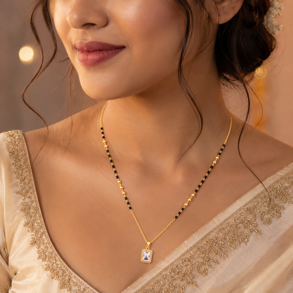 KZ Gold Plated Emerald Cut Halo CZ Mangalsutra for Women Black Bead Chain Rectangle Solitaire Pendant FS