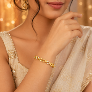 Gold Crescent Moon Diamond Oval Kada for Women | Curved Stone Stainless Steel Ladies Bangle | Celestial Festive Jewellery