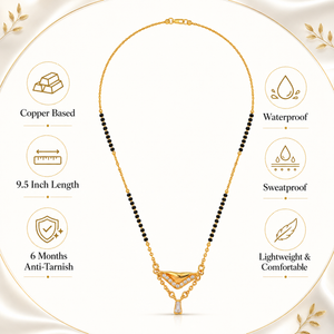KZ Gold Plated V Shape Fan CZ Mangalsutra for Women Black Bead Chain Fan Pendant with Drop FS