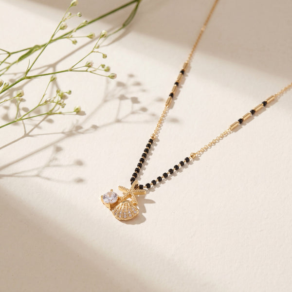KZ Gold Plated Starfish Shell Mangalsutra for Women Black Bead Chain Ocean Charm Pendant FS