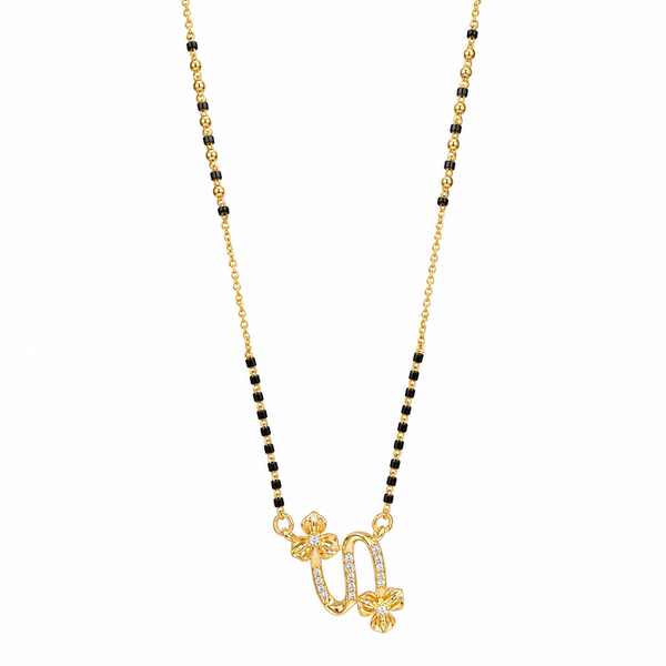 KZ Gold Plated Virgo Script CZ Mangalsutra for Women Black Bead Chain Zodiac Letter Pendant FS