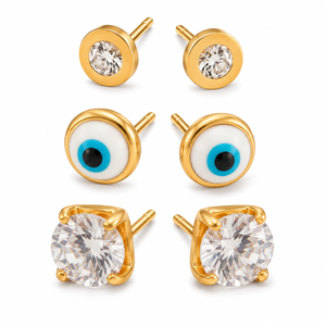 Earrings Zircon Button, Evil Eye & Zircon Solitaire Stud Earrings Set of 3 Pairs