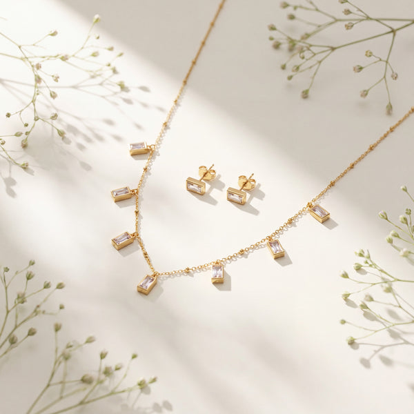 Anti tranish Gold plated 150 No. Minimal Square solitare white pendant with Studd Square earring for adults - 1 Pc