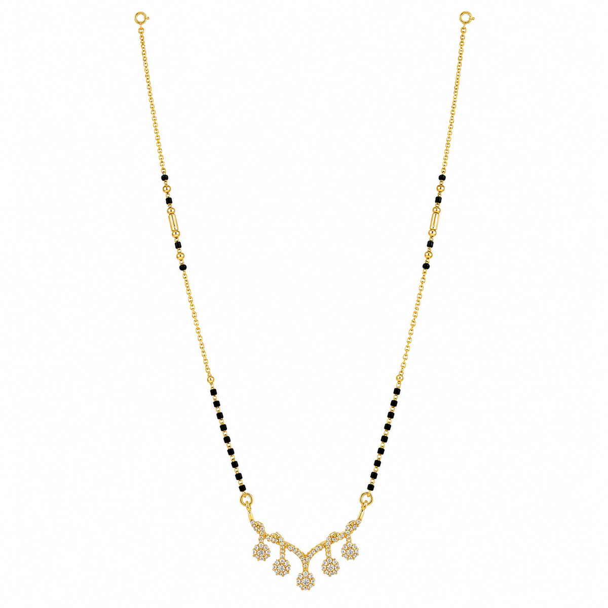 KZ Gold Plated Cascading Floral CZ Mangalsutra for Women Black Bead Chain Multi Drop Dangle Pendant FS