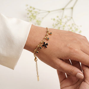 Gold Plated Snake Chain Bracelet with Black Clover and Black Stone Charm Cluster