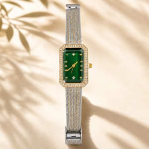 Watches Two-Tone Rectangular Green Dial Crystal Studded Bezel Bracelet Watch for Women