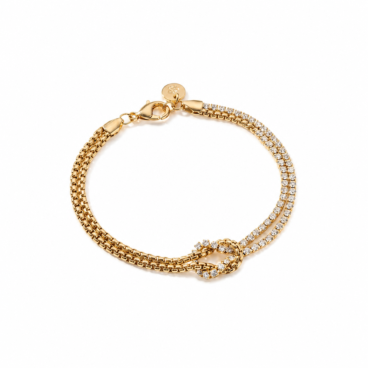 Gold Plated Beaded Ball Chain and White Stone Tennis Chain Bracelet with Love Knot Center