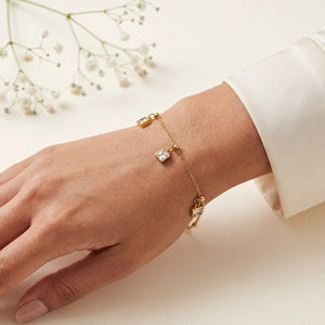 Gold Plated Square White Stone Dangling Charm Delicate Chain Bracelet with Lobster Clasp