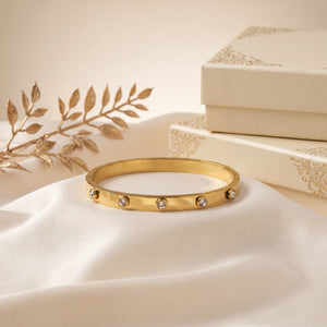 Three Stone Bezel CZ Slim Baby Kada Bangle | Gold Plated Solitaire Trio Bracelet for Women