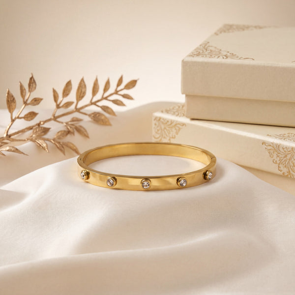 Three Stone Bezel CZ Slim Baby Kada Bangle | Gold Plated Solitaire Trio Bracelet for Women