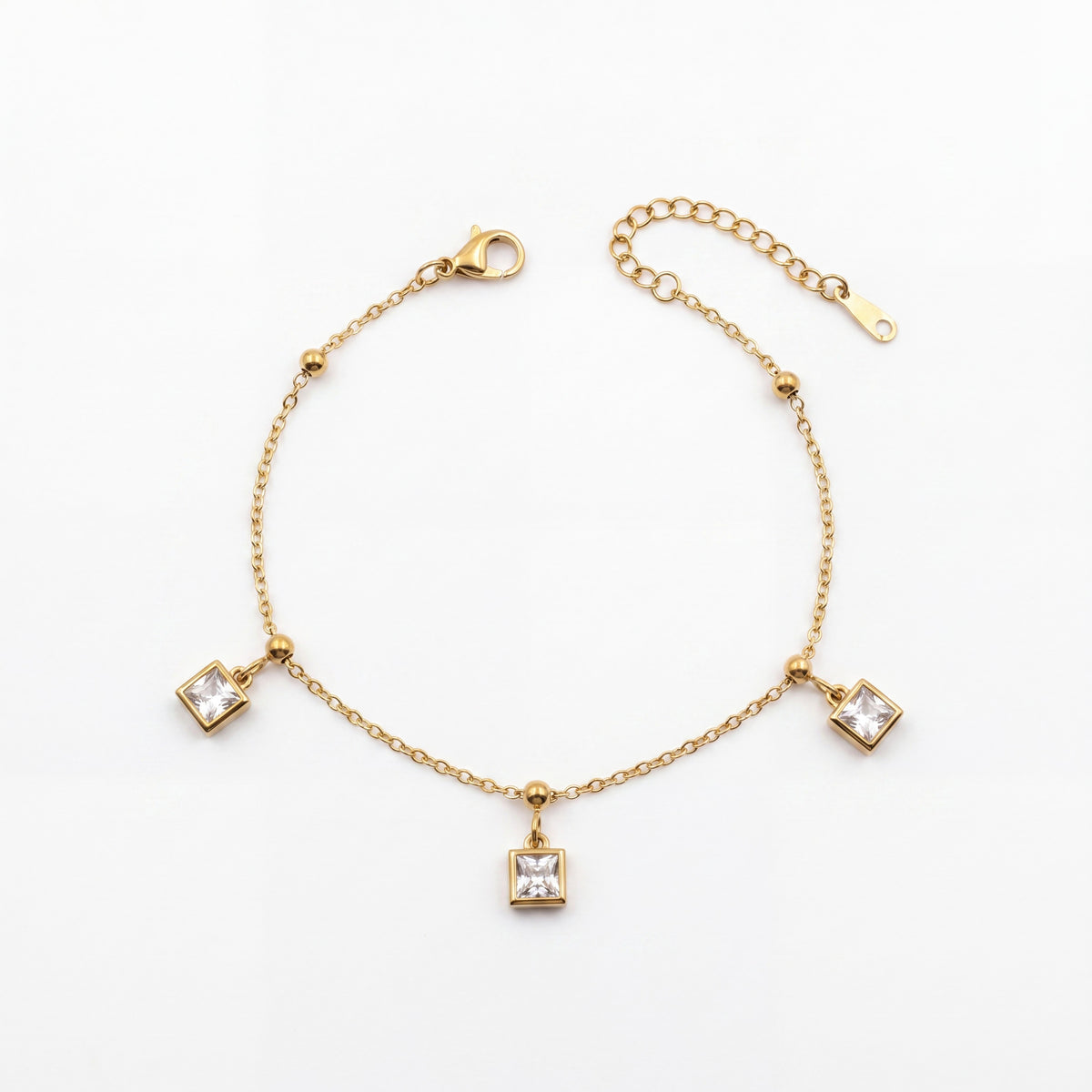Gold Plated Square White Stone Dangling Charm Delicate Chain Bracelet with Lobster Clasp