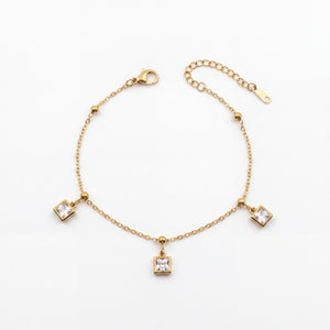 Gold Plated Square White Stone Dangling Charm Delicate Chain Bracelet with Lobster Clasp