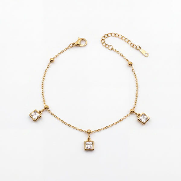Gold Plated Square White Stone Dangling Charm Delicate Chain Bracelet with Lobster Clasp