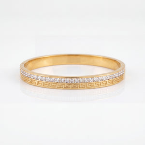 Greek Key Maze Slim Baby Kada Bangle | Gold Plated Engraved Vintage Stackable Bracelet for Women