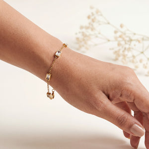 Gold Plated Emerald Cut White Rectangular Stone Bezel Station Chain Bracelet with Lobster Clasp