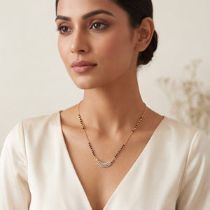 KZ Gold Plated Arc Bar Star CZ Mangalsutra for Women Black Bead Chain Crescent Pendant FS