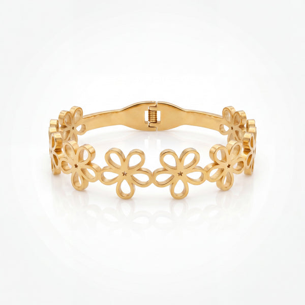 Daisy Floral Cutout Linked Baby Kada Bangle | Gold Plated Five Flower Chain Cuff Bracelet for Women